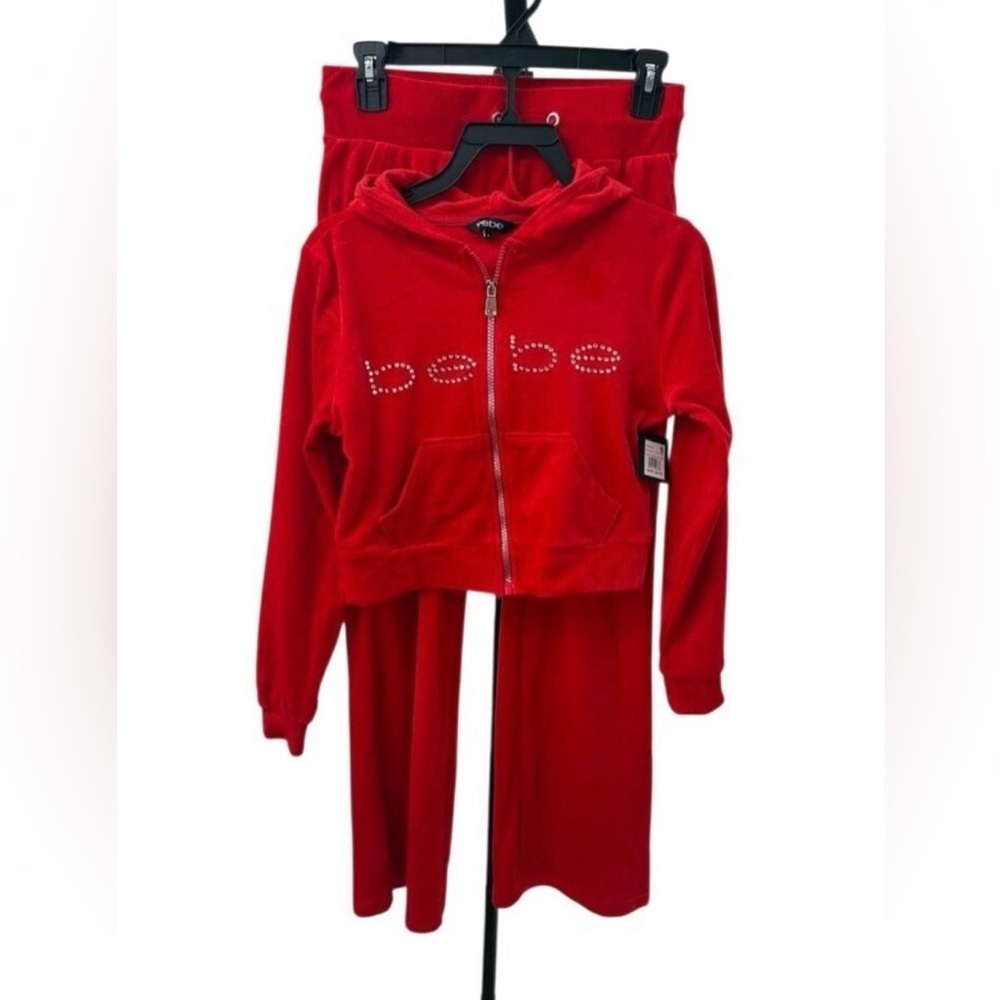 NEW! NWT Y2K bebe Red Rhinestone Logo Velour Zip Hoodie & Pants Set